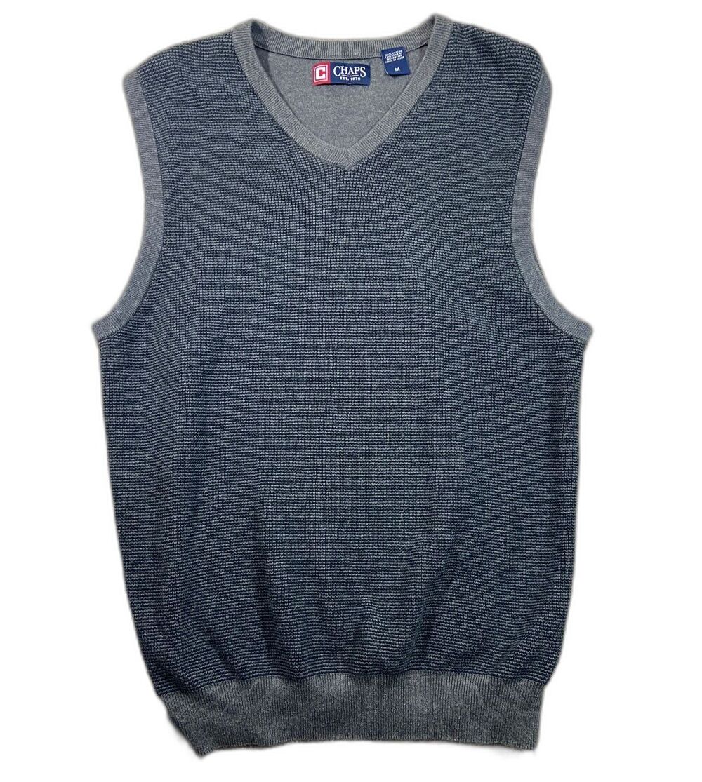 Pullover Golf Vest Sweater Mens Medium Gray Waffle Front Sleeveless Cotton Chaps